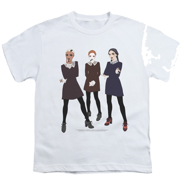 White youth t-shirt for ages 8 to 12 with Chilling Adventures of Sabrina Weird graphic
