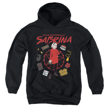 Black youth hoodie for ages 8 to 12 with Chilling Adventures of Sabrina Circle graphic
