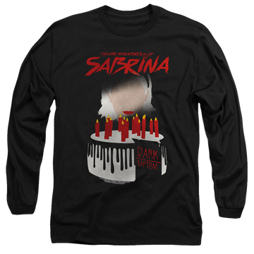 Black men's long sleeve t-shirt with Chilling Adventures of Sabrina Dark Baptism graphic