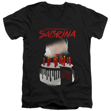 Black men's v-neck t-shirt with Chilling Adventures of Sabrina Dark Baptism graphic