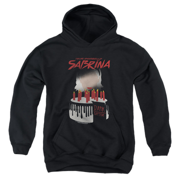 Black youth hoodie for ages 8 to 12 with Chilling Adventures of Sabrina Dark Baptism graphic