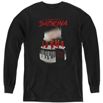 Black youth long sleeve t-shirt with Chilling Adventures of Sabrina Dark Baptism graphic