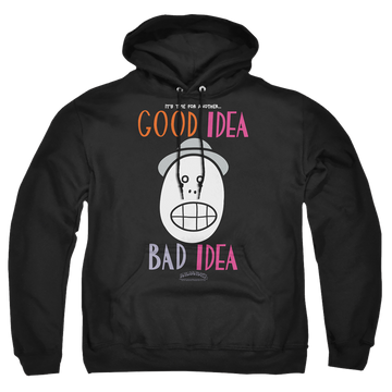 Black pullover hoodie with Animaniacs Good Idea Bad Idea graphic