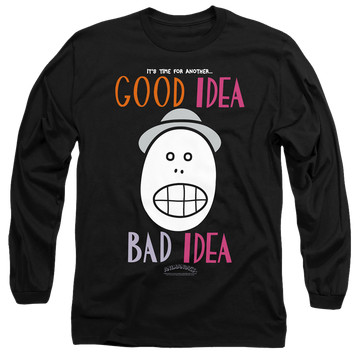 Black men's long sleeve t-shirt with Animaniacs Good Idea Bad Idea graphic