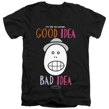 Black men's v-neck t-shirt with Animaniacs Good Idea Bad Idea graphic
