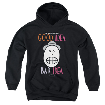 Black youth hoodie for ages 8 to 12 with Animaniacs Good Idea Bad Idea graphic