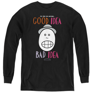 Black youth long sleeve t-shirt with Animaniacs Good Idea Bad Idea graphic