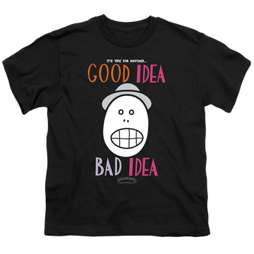 Black youth t-shirt for ages 8 to 12 with Animaniacs Good Idea Bad Idea graphic