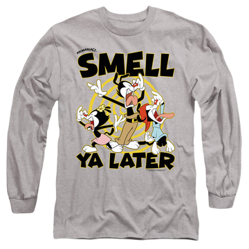 Athletic heather men's long sleeve t-shirt with Animaniacs Smell Ya Later graphic