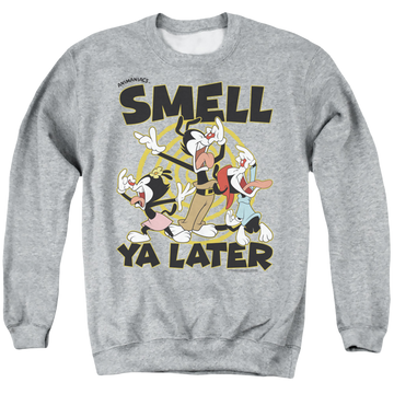 Athletic heather men's crewneck sweatshirt with Animaniacs Smell Ya Later graphic