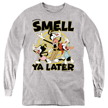 Athletic heather youth long sleeve t-shirt with Animaniacs Smell Ya Later graphic