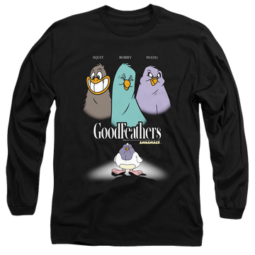 Black men's long sleeve t-shirt with Animaniacs Goodfeathers graphic
