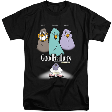 Black men's tall fit t-shirt with Animaniacs Goodfeathers graphic