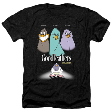 Charcoal men's heather t-shirt with Animaniacs Goodfeathers graphic