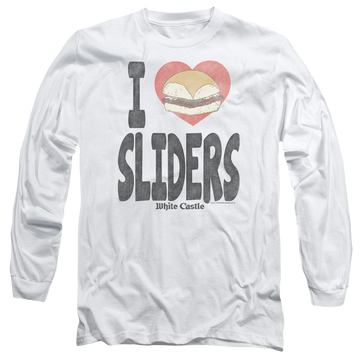 White men's long sleeve t-shirt with White Castle I Heart Sliders graphic