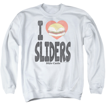 White men's crewneck sweatshirt with White Castle I Heart Sliders graphic