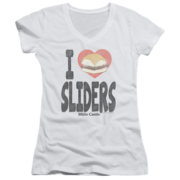 White Castle I Heart Sliders - Juniors V-Neck T-Shirt Juniors V-Neck T-Shirt White Castle   