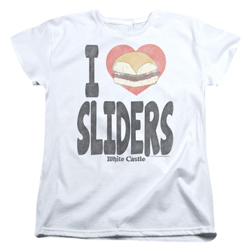 White women's t-shirt with White Castle I Heart Sliders graphic