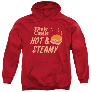 Red pullover hoodie with White Castle Hot & Steamy graphic