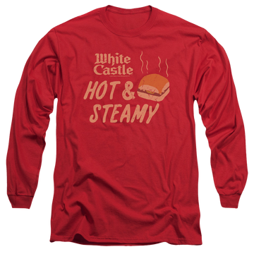 Red men's long sleeve t-shirt with White Castle Hot & Steamy graphic