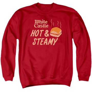 Red men's crewneck sweatshirt with White Castle Hot & Steamy graphic