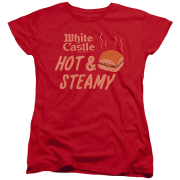 Red women's t-shirt with White Castle Hot & Steamy graphic