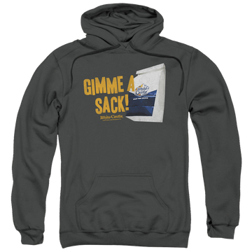 Charcoal pullover hoodie with White Castle Gimmie A Sack graphic