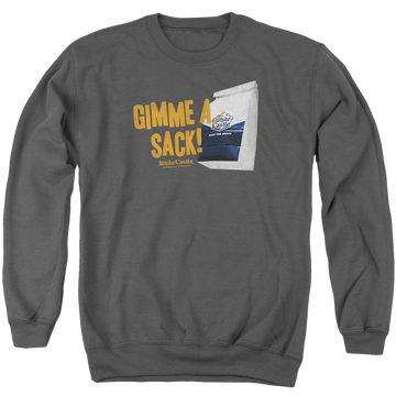 Charcoal men's crewneck sweatshirt with White Castle Gimmie A Sack graphic