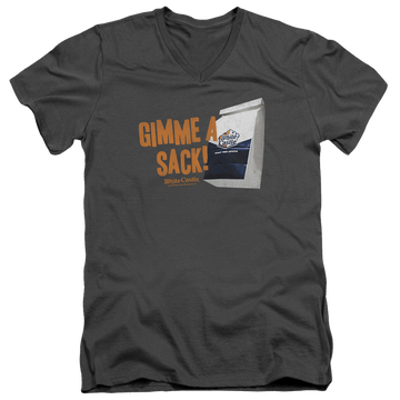 Charcoal men's v-neck t-shirt with White Castle Gimmie A Sack graphic