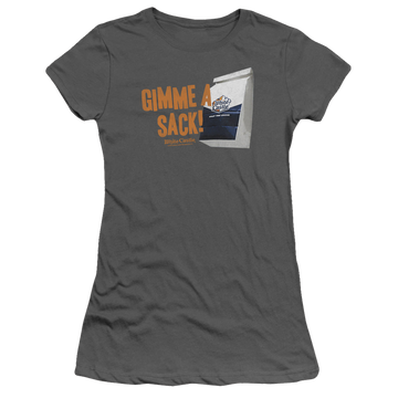 Charcoal juniors t-shirt with White Castle Gimmie A Sack graphic