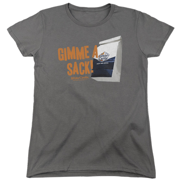 Charcoal women's t-shirt with White Castle Gimmie A Sack graphic