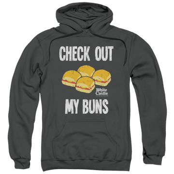 Charcoal pullover hoodie with White Castle My Buns graphic