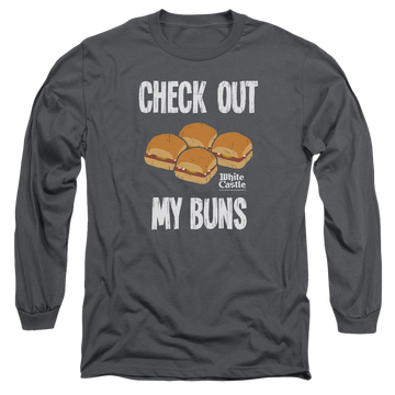 Charcoal men's long sleeve t-shirt with White Castle My Buns graphic