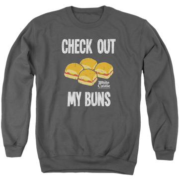 Charcoal men's crewneck sweatshirt with White Castle My Buns graphic