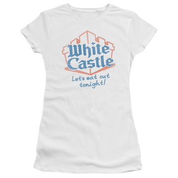 White juniors t-shirt with White Castle Lets Eat graphic