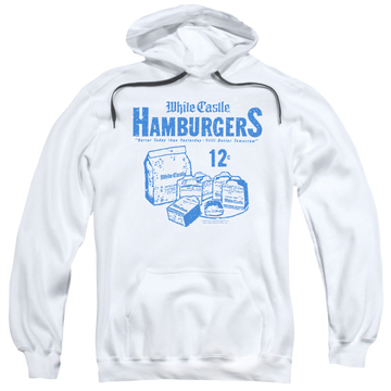 White pullover hoodie with White Castle 12 Cents graphic