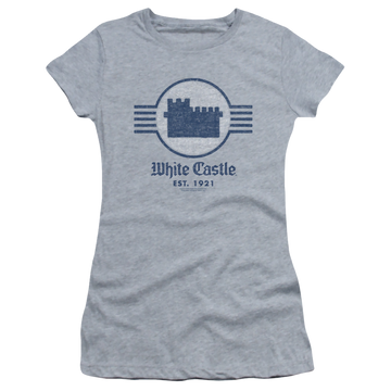 Athletic heather juniors t-shirt with White Castle Emblem graphic