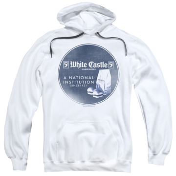 White pullover hoodie with White Castle National Institution graphic