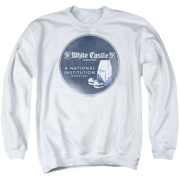 White men's crewneck sweatshirt with White Castle National Institution graphic