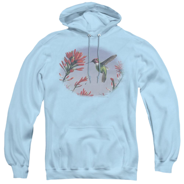Light blue pullover hoodie with Wild Wings Annas Hummingbird graphic