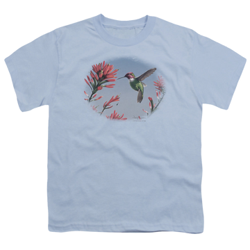 Light blue youth t-shirt for ages 8 to 12 with Wild Wings Annas Hummingbird graphic