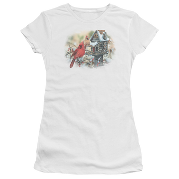 White juniors t-shirt with Wild Wings Cardinals Rustic Retreat graphic