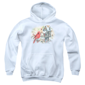 White youth hoodie for ages 8 to 12 with Wild Wings Cardinals Rustic Retreat graphic