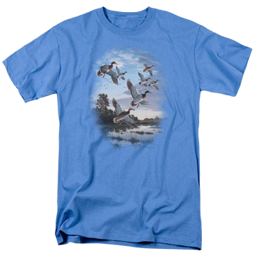 Carolina blue men's regular fit t-shirt with Wild Wings Evening Flight Mallards graphic