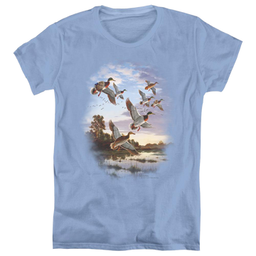 Carolina blue women's t-shirt with Wild Wings Evening Flight Mallards graphic