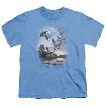 Carolina blue youth t-shirt for ages 8 to 12 with Wild Wings Evening Flight Mallards graphic