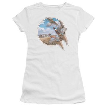 White juniors t-shirt with Wild Wings October Memories Pheasants graphic