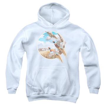White youth hoodie for ages 8 to 12 with Wild Wings October Memories Pheasants graphic