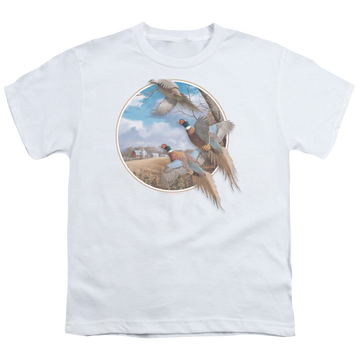 White youth t-shirt for ages 8 to 12 with Wild Wings October Memories Pheasants graphic
