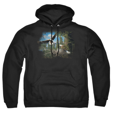 Black pullover hoodie with Wild Wings Spring Bald Eagles graphic